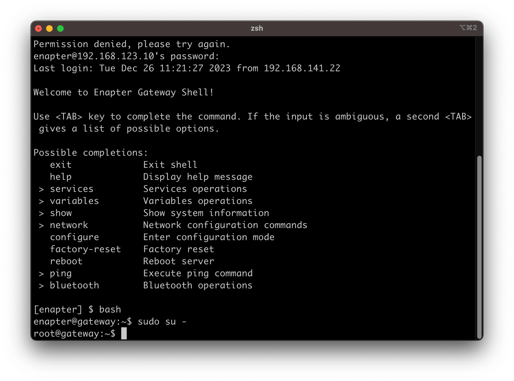 Connect to the Gateway Terminal either over SSH or Cloud and switch to the root shell.