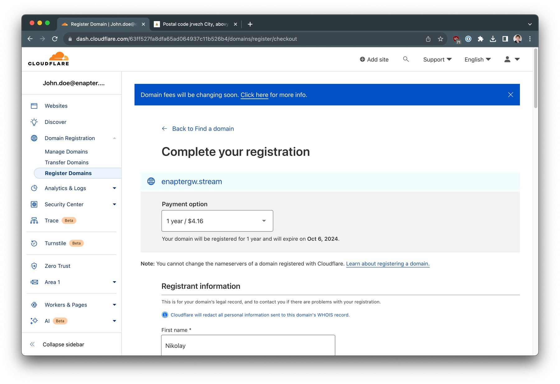 Enter registrant details and select payment options