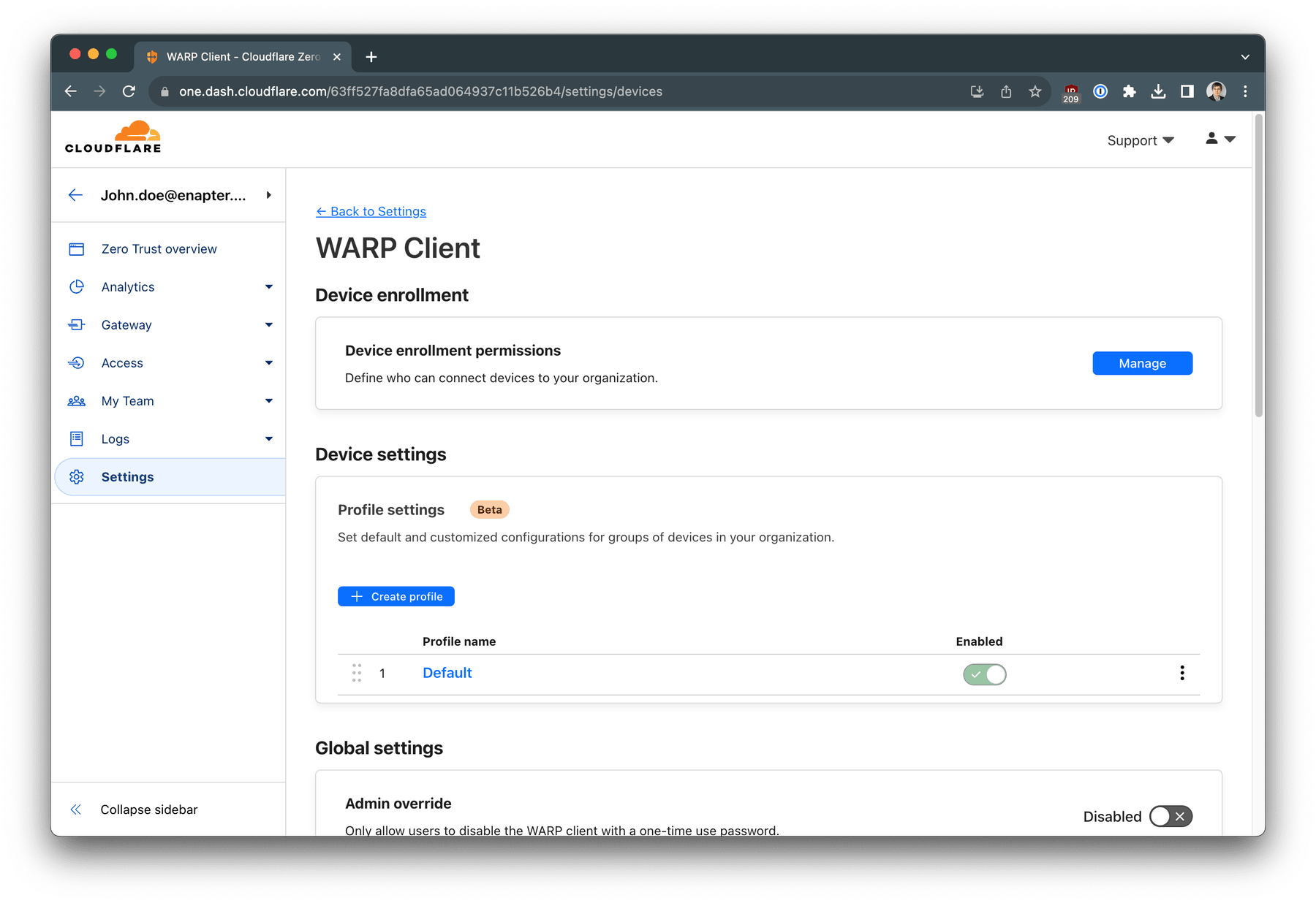 Navigate to Zero Trust - Settings - WARP Client