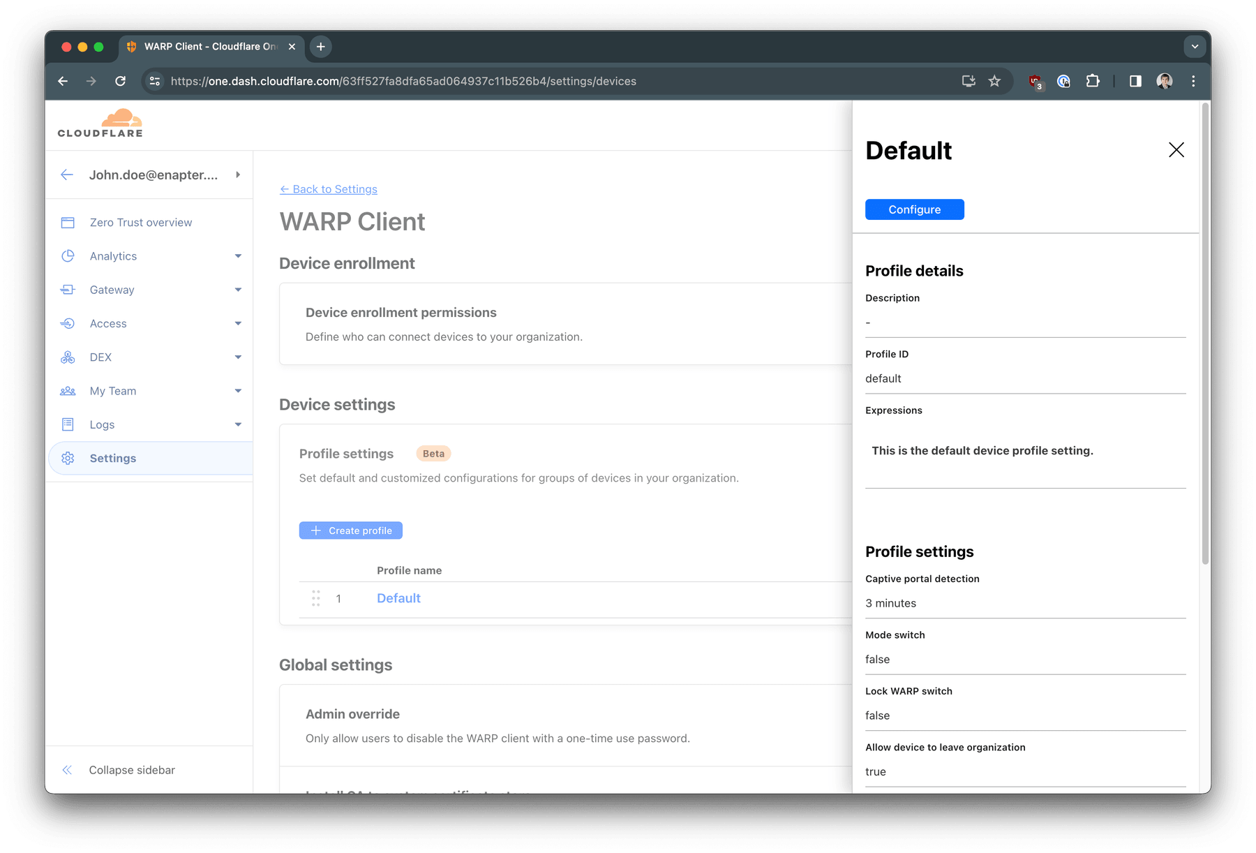 Navigate to Zero Trust - Settings - WARP Client. Configure Default profile.
