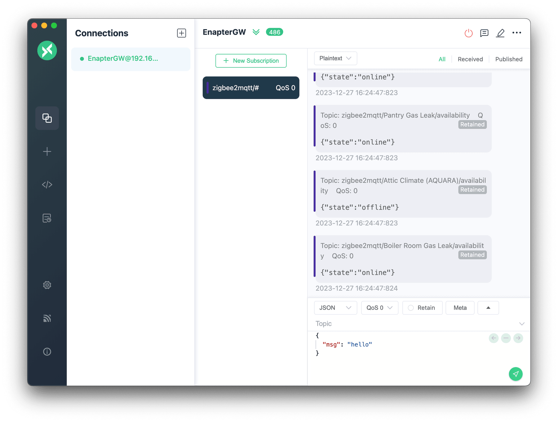 Zigbee2MQTT testing with MQTTX Desktop Client