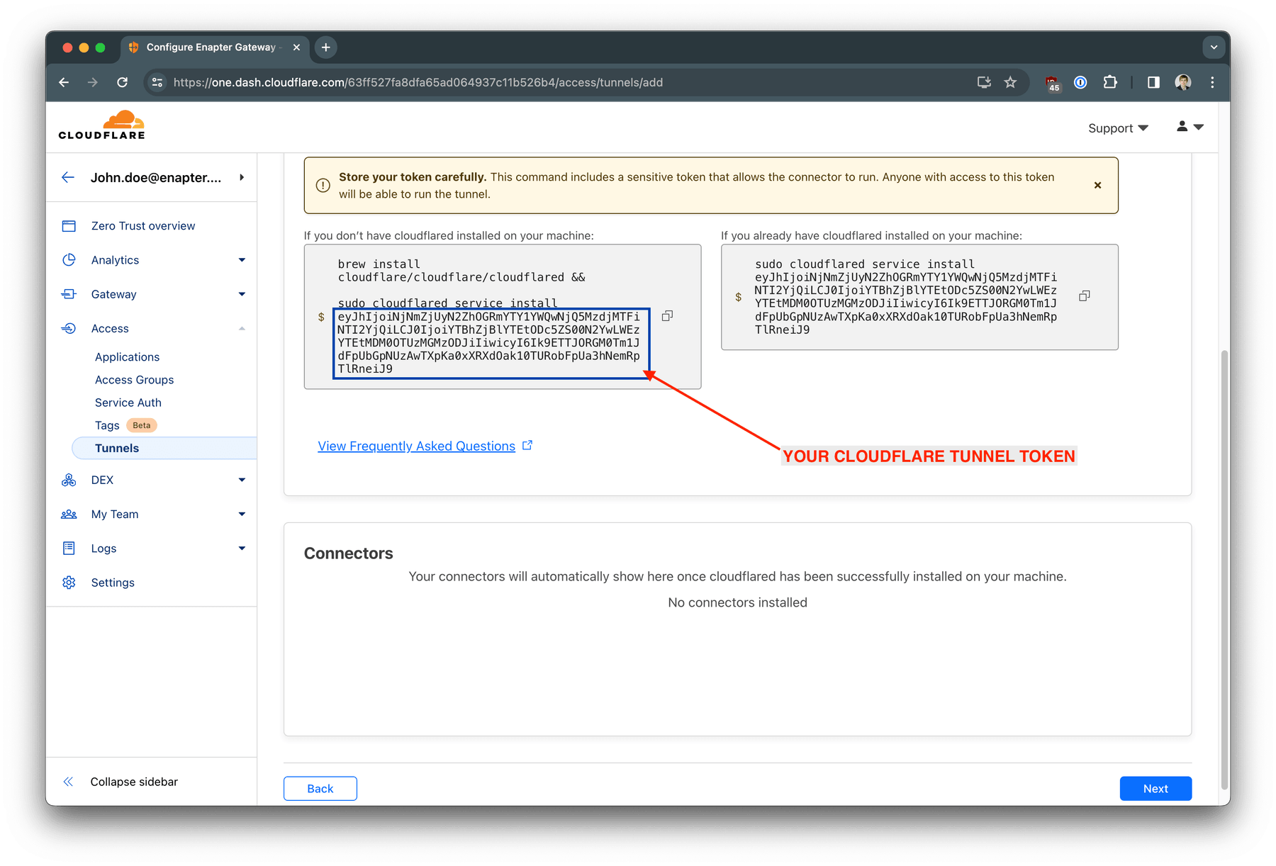 Copy and save your tunnel token