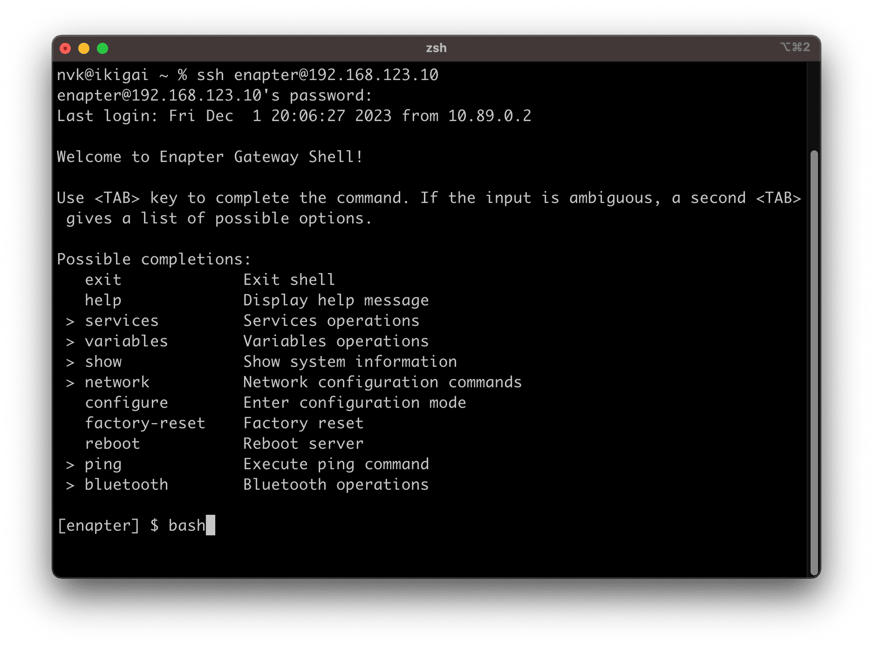 Connect to SSH and enter bash command