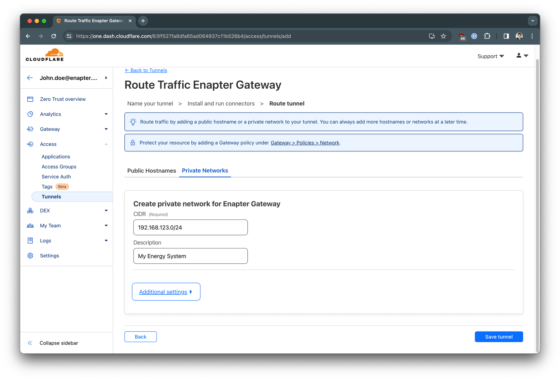 Add your Private Network route to the tunnel