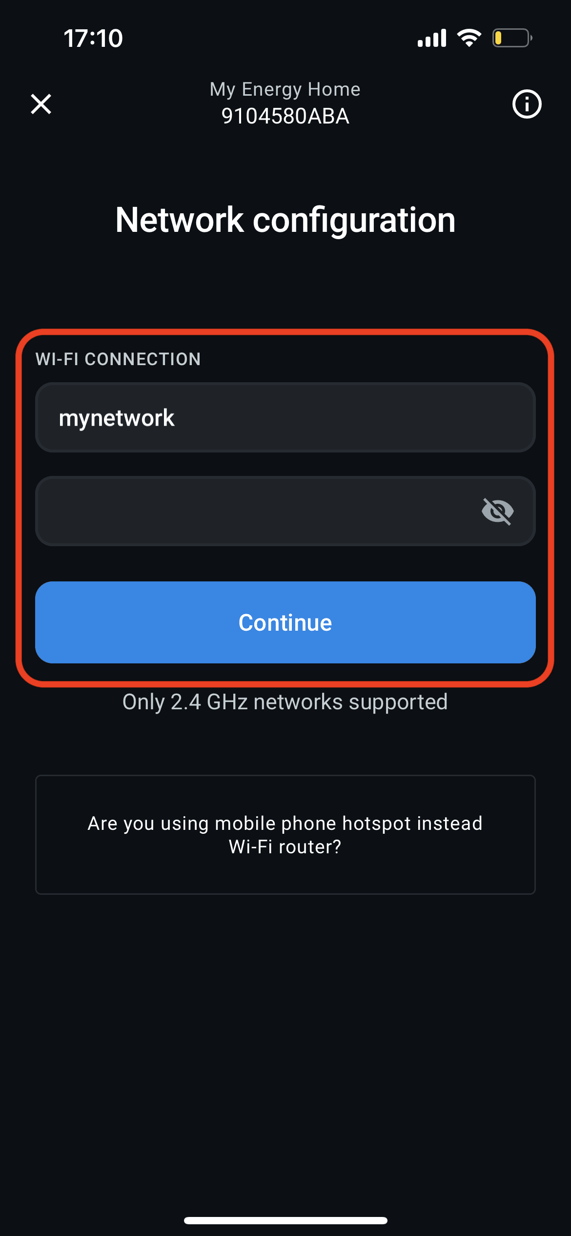 Enter your WiFi SSID and password, and press Continue