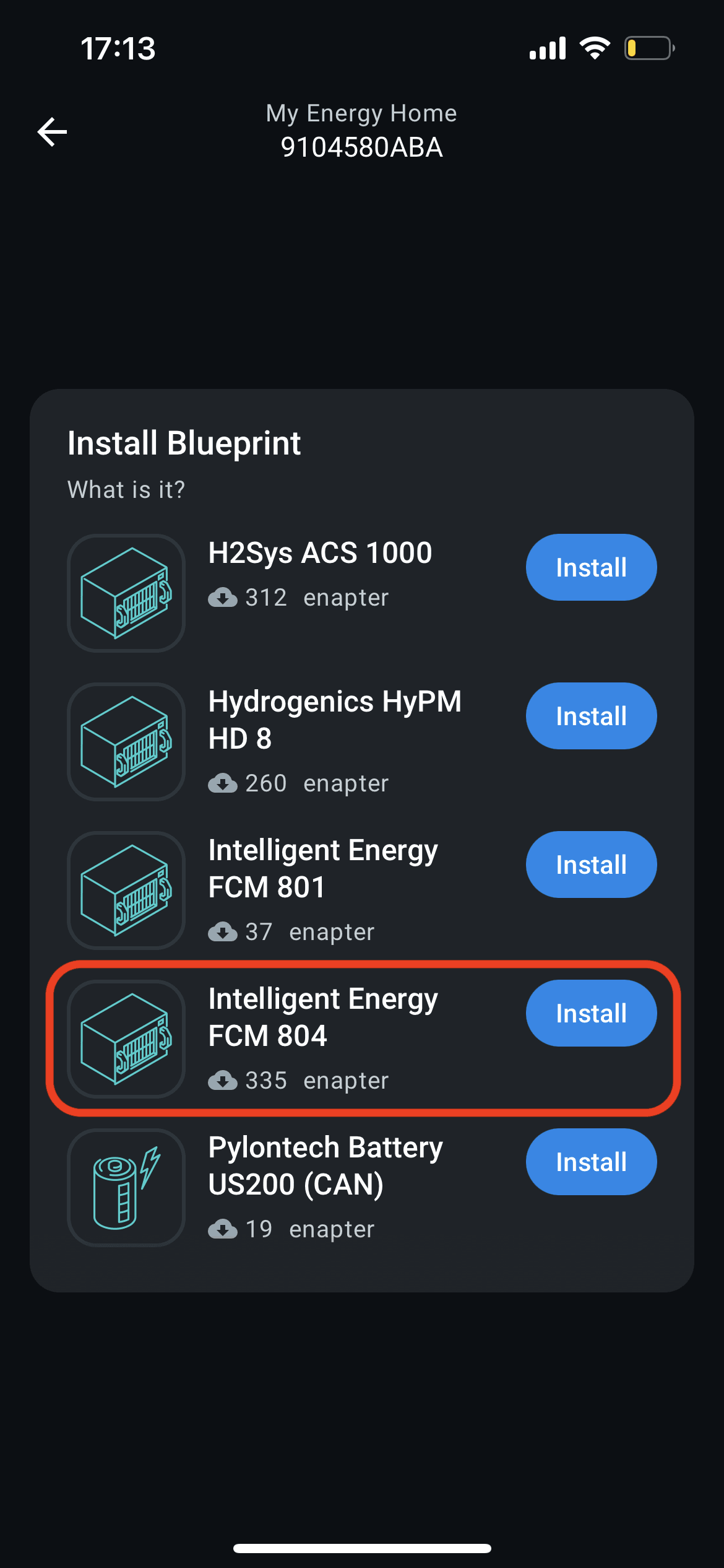 Find Intelligent Energy FCM 804 blueprint in the list and press Install.