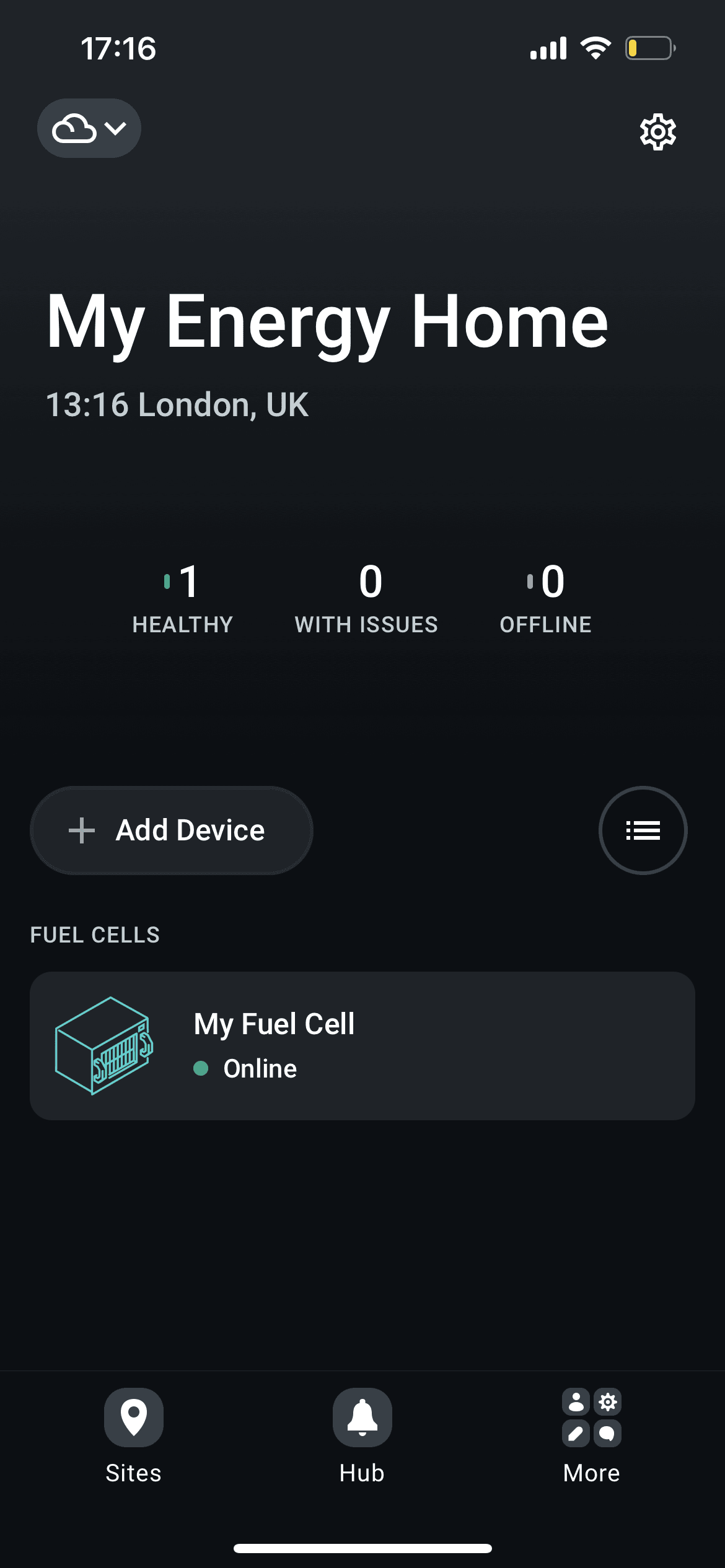 The fuel cell will appear on the device list on the site screen.