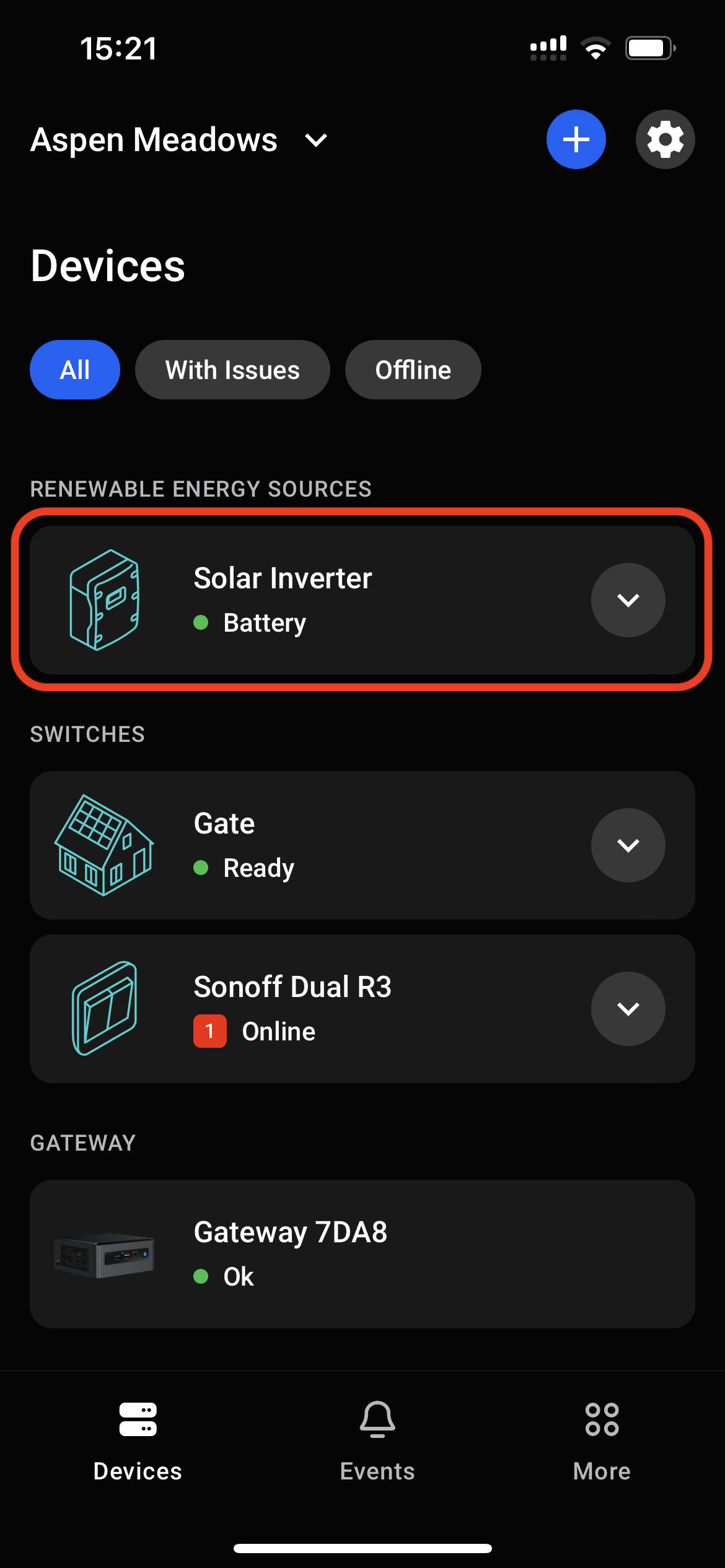 The inverter will appear on the device list on the site screen