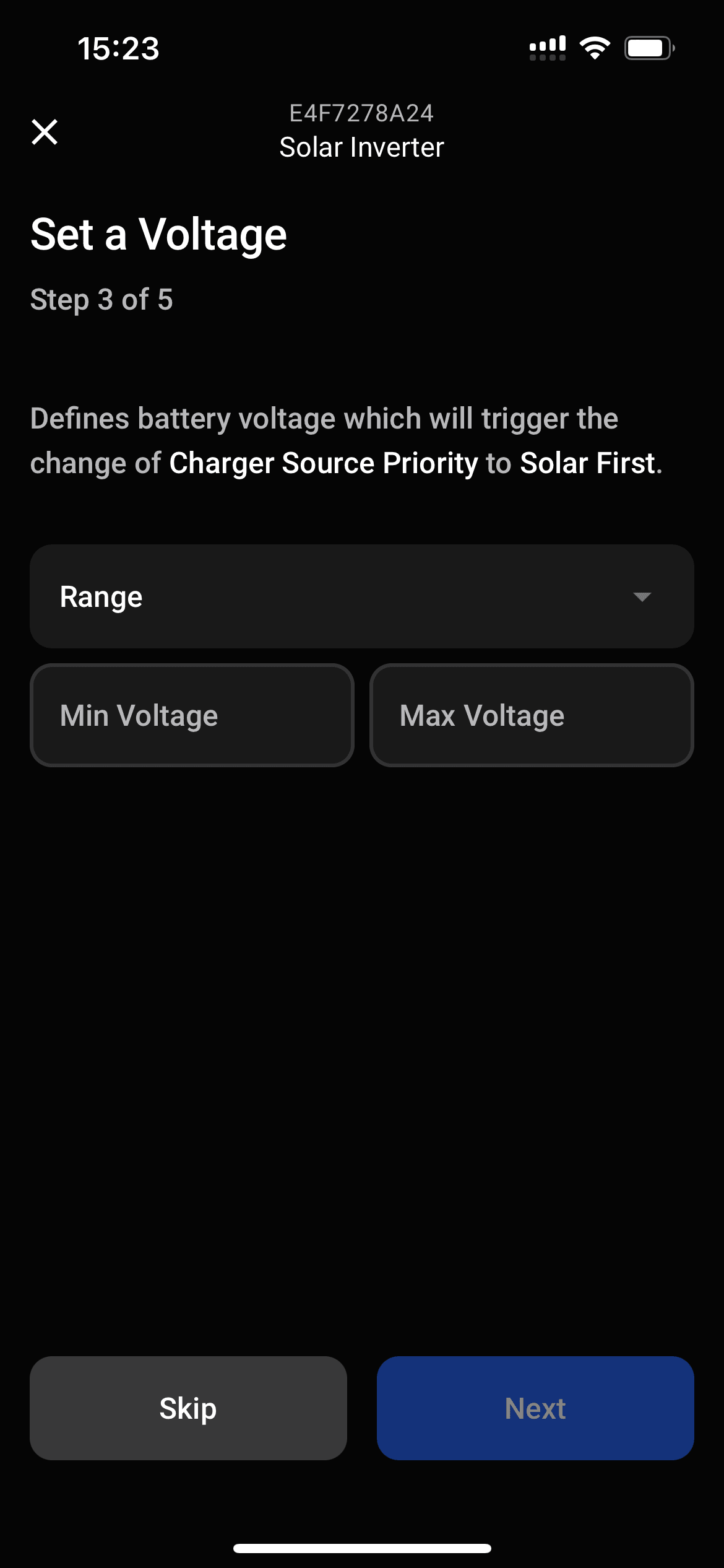 Set desired battery voltage range that will trigger the rule