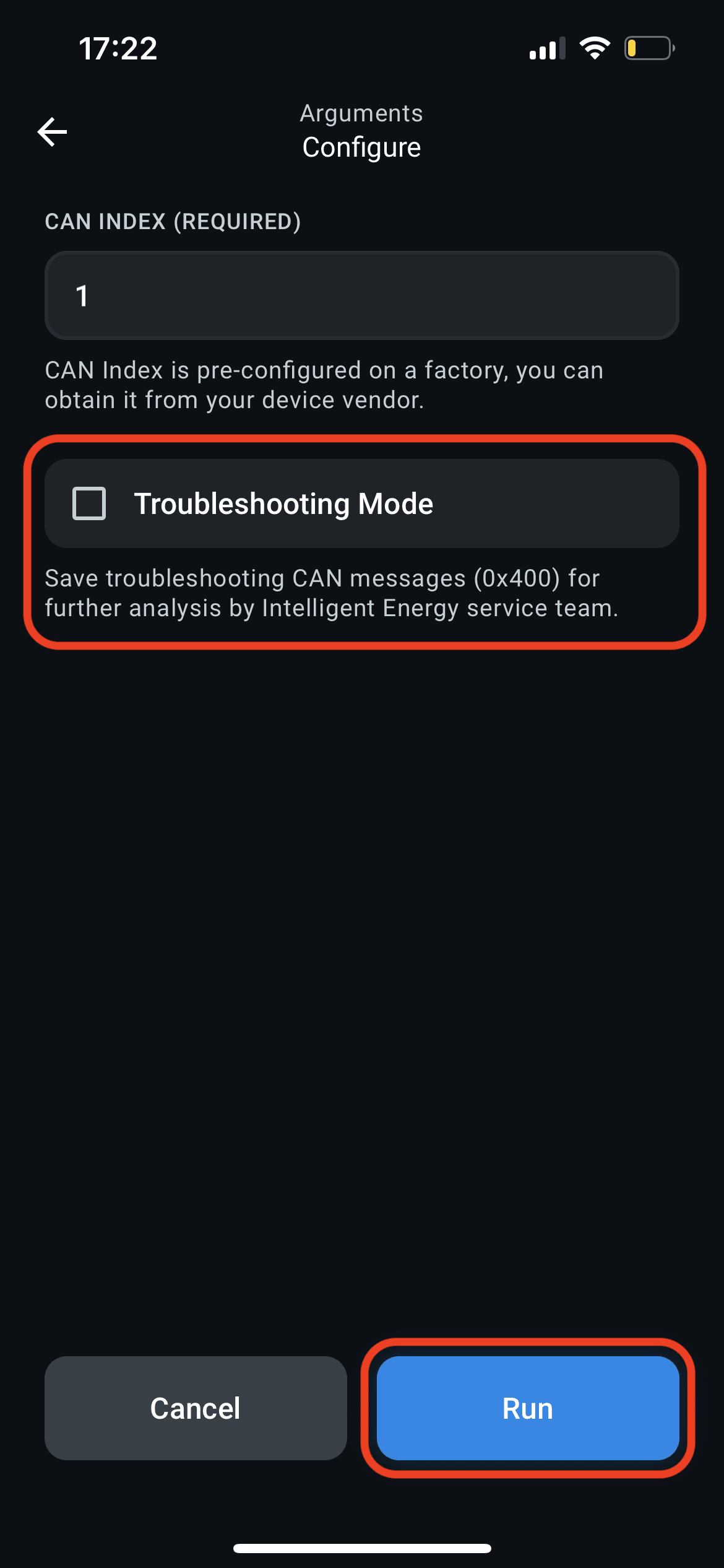 Enable Troubleshooting Mode and press Run.