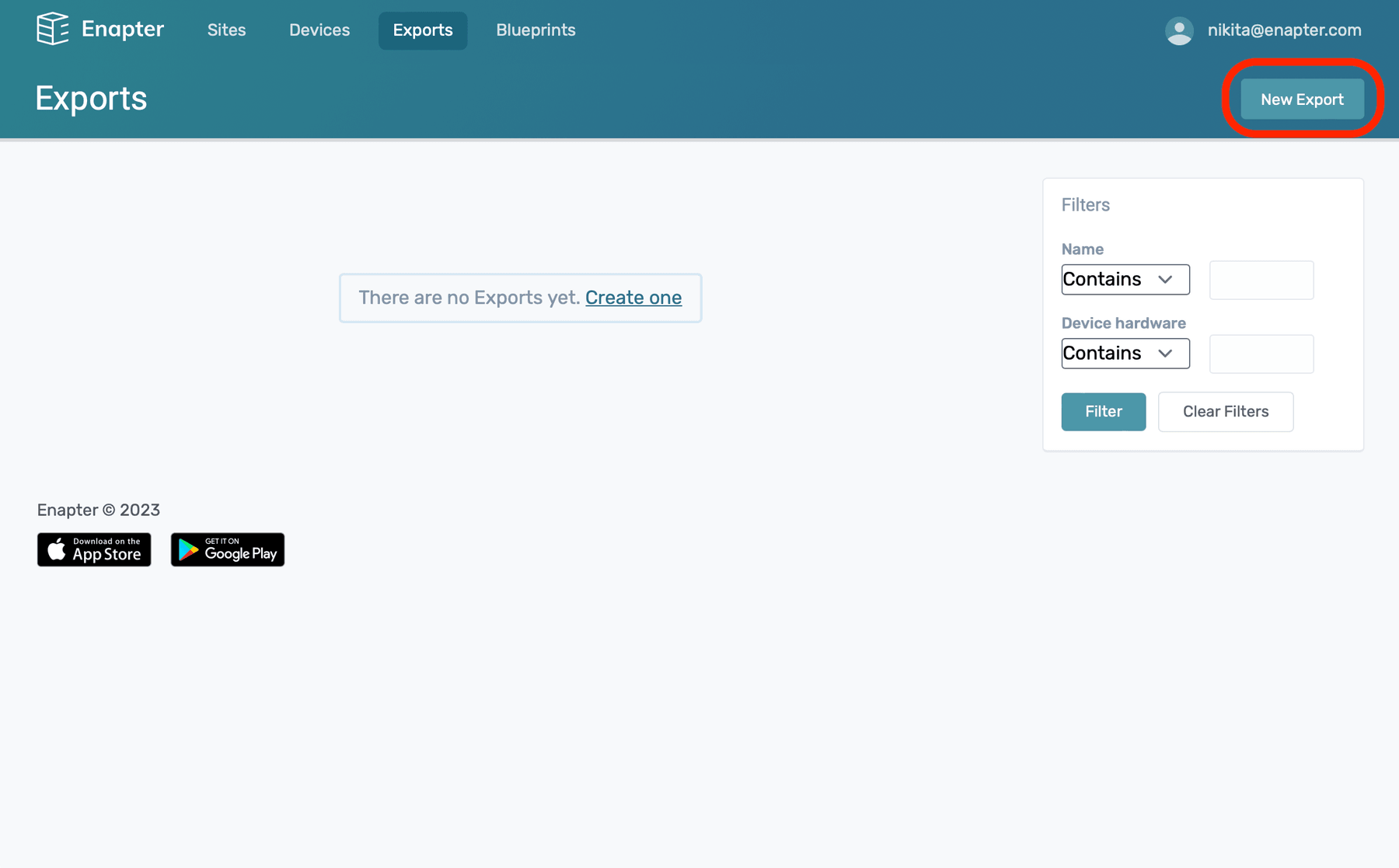 Press New Export button on Exports page in Enapter Cloud.
