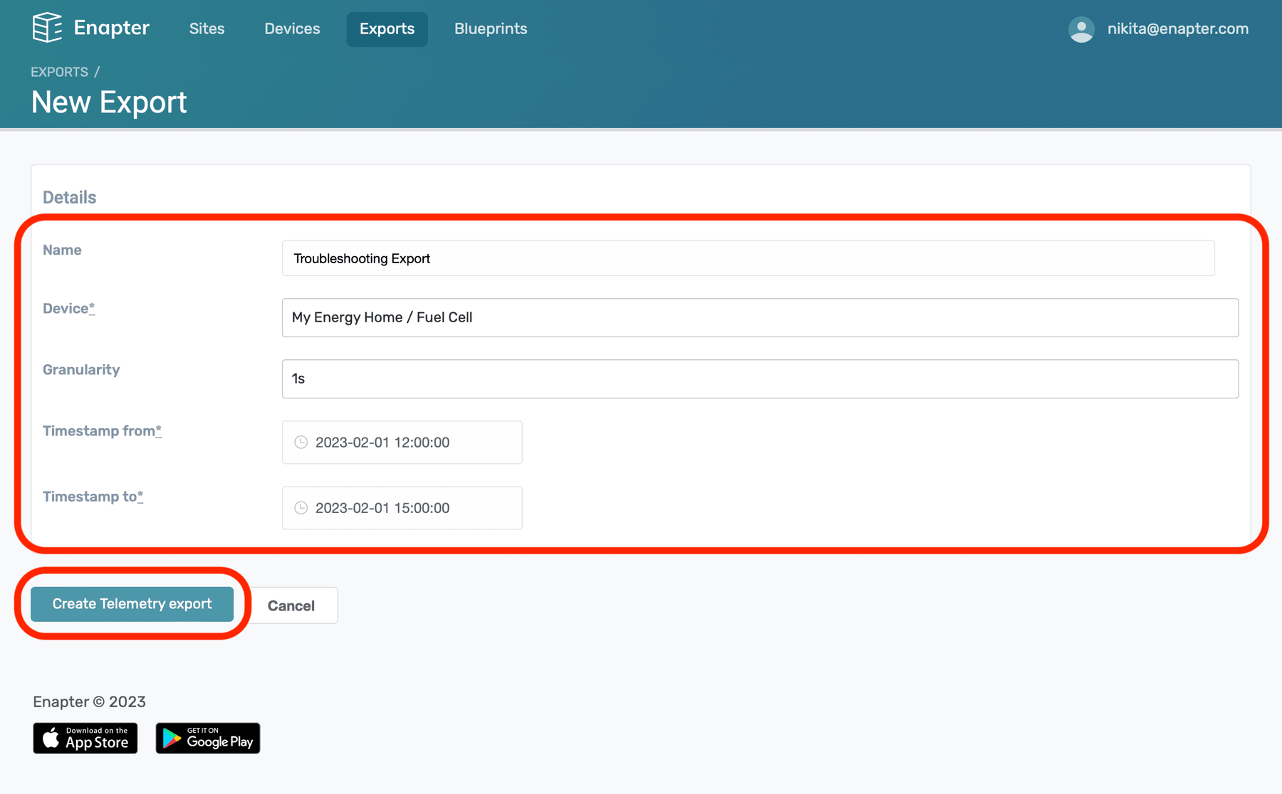 Enter export parameters and press Create Telemery Export.